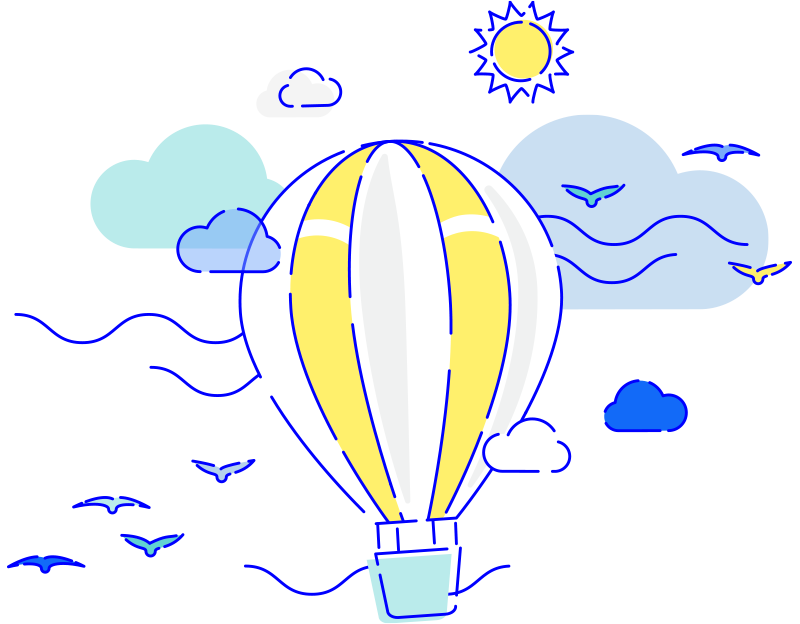 A stylised icon of a hot air balloon floating
