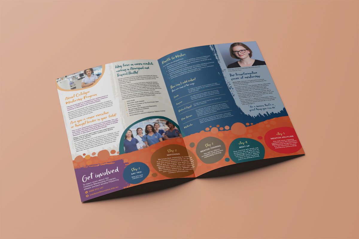 Brochure inside spread with bold colours such as blue and ochre and paint brush textures delineating areas of text