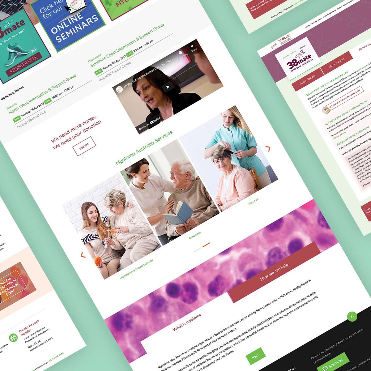 Myeloma Australia website pages at a 45 degree angle on acolourful background
