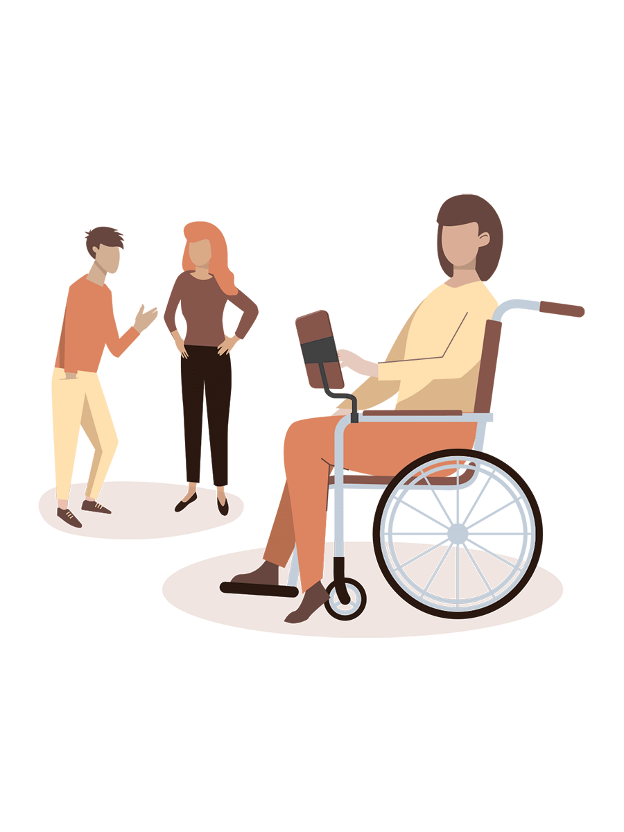 A vector illustration of a woman in a wheelchair using a AAC device with some friends in the background